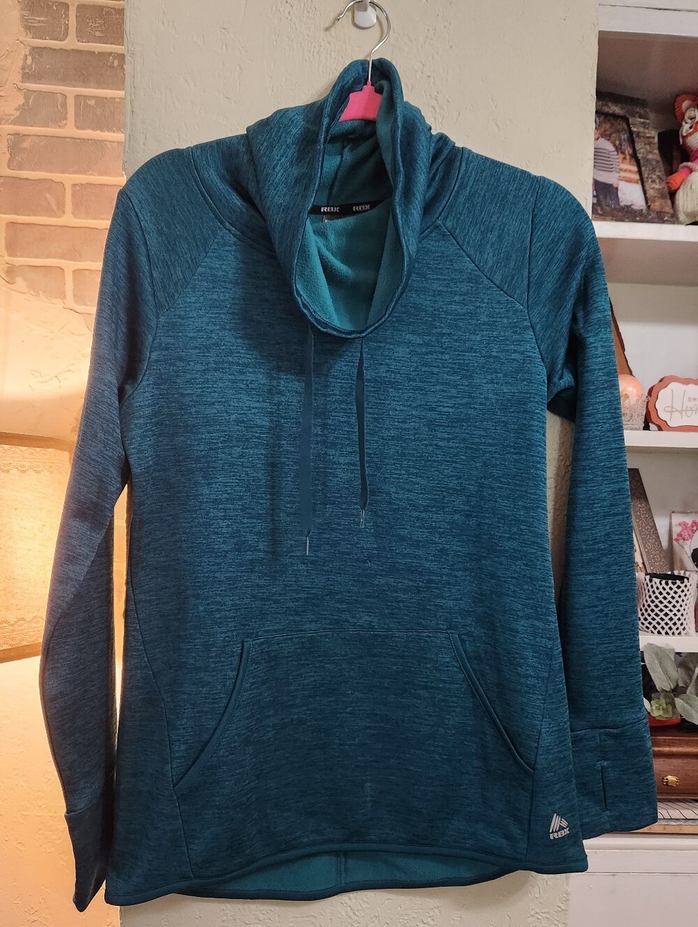 RBX Teal Cowl-Neck Pullover Hoodie Athletic Wear With Thumb Holes EUC
